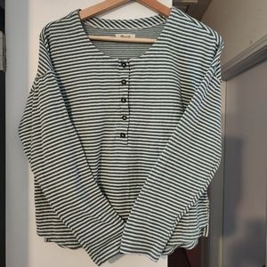 Madewell Polo Long Sleeve Green White Stripe Shirt Women's Sz Med